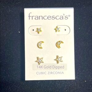 NWT Francesca's 14k Gold Dipped Star and Moon Cubic Zirconia Earrings